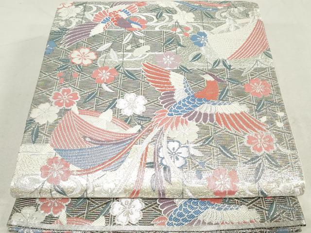 平和屋着物◎六通柄袋帯 唐織 エ霞鳳凰花文 糸巻き 銀糸 正絹 逸品 DAAV0598qa