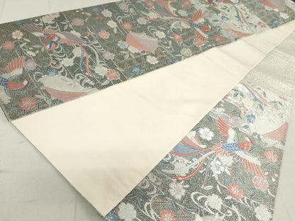 平和屋着物◎六通柄袋帯 唐織 エ霞鳳凰花文 糸巻き 銀糸 正絹 逸品 DAAV0598qa