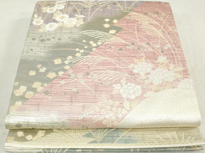 平和屋着物◎六通柄袋帯 箔散らし 草花文 金銀糸 正絹 逸品 DAAV0612qa