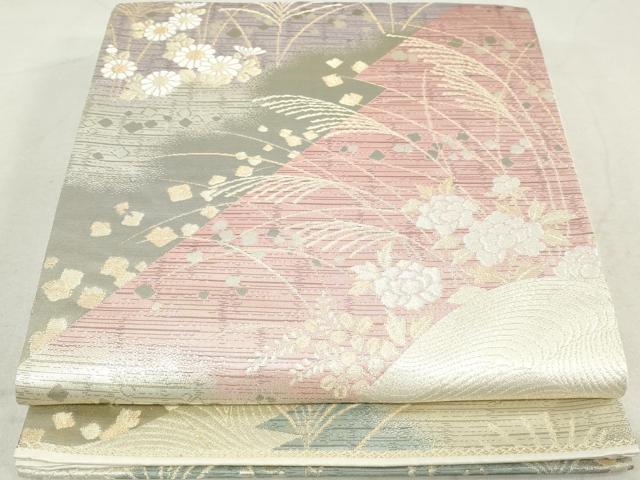 平和屋着物◎六通柄袋帯 箔散らし 草花文 金銀糸 正絹 逸品 DAAV0612qa