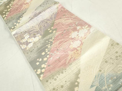 平和屋着物◎六通柄袋帯 箔散らし 草花文 金銀糸 正絹 逸品 DAAV0612qa