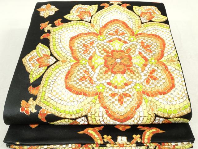 平和屋着物◎六通柄袋帯 正倉院花文 黒地 金銀糸 正絹 逸品 DAAV0614qa
