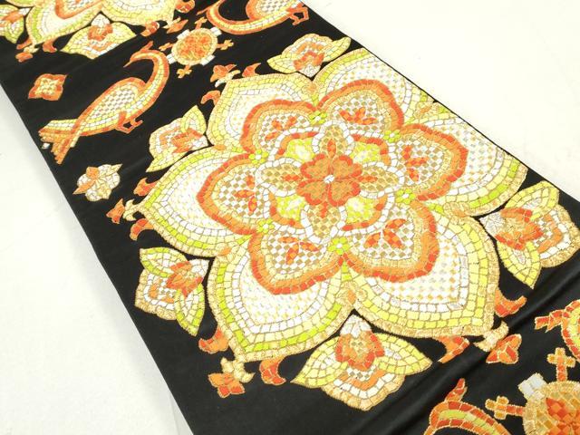 平和屋着物◎六通柄袋帯 正倉院花文 黒地 金銀糸 正絹 逸品 DAAV0614qa