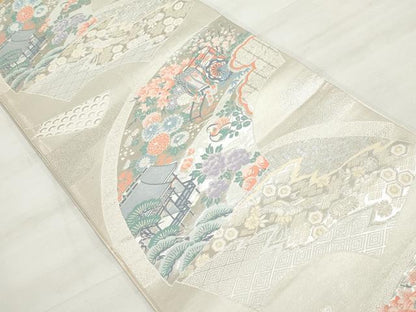 平和屋着物◎六通柄袋帯　唐織　地紙御所車花文　銀糸　正絹　逸品　DAAV0706qa