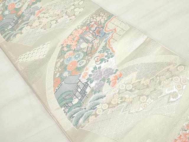 平和屋着物◎六通柄袋帯　唐織　地紙御所車花文　銀糸　正絹　逸品　DAAV0706qa