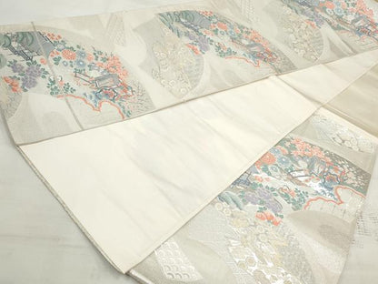 平和屋着物◎六通柄袋帯　唐織　地紙御所車花文　銀糸　正絹　逸品　DAAV0706qa