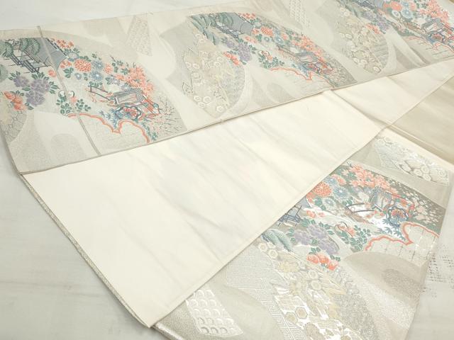 平和屋着物◎六通柄袋帯　唐織　地紙御所車花文　銀糸　正絹　逸品　DAAV0706qa
