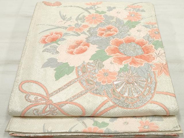 平和屋着物◎佐賀錦　六通柄袋帯　唐織　花車文　銀糸　正絹　逸品　DAAV0763qa