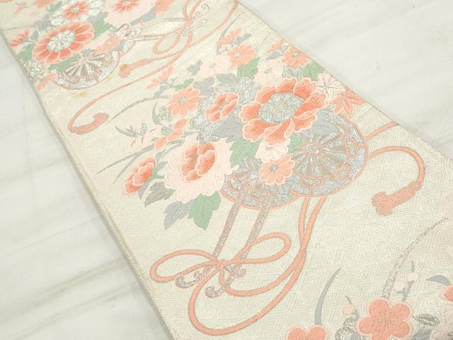 平和屋着物◎佐賀錦　六通柄袋帯　唐織　花車文　銀糸　正絹　逸品　DAAV0763qa
