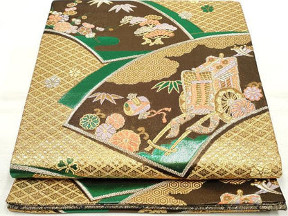 平和屋着物◎六通柄袋帯　吉祥御所車花文　黒地　金銀糸　正絹　逸品　DAAV0771qa