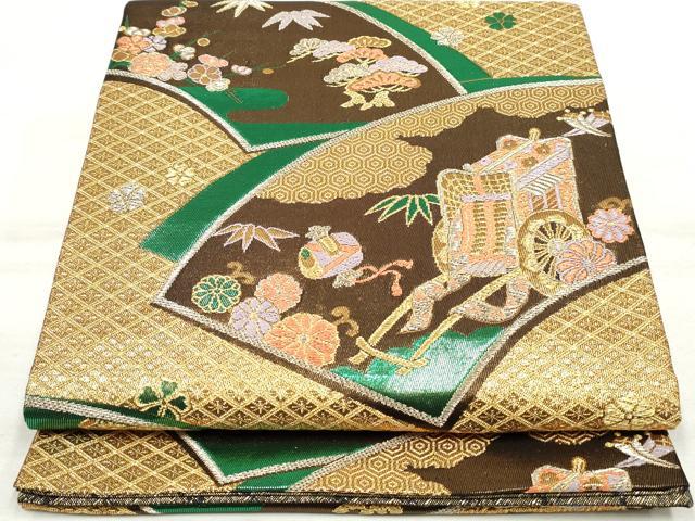 平和屋着物◎六通柄袋帯　吉祥御所車花文　黒地　金銀糸　正絹　逸品　DAAV0771qa