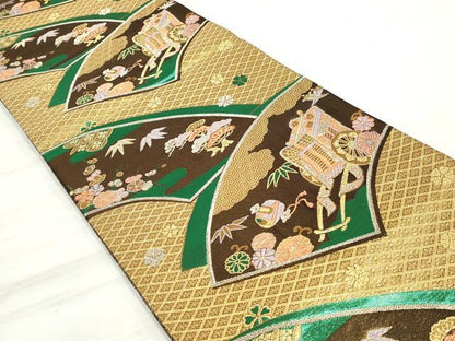 平和屋着物◎六通柄袋帯　吉祥御所車花文　黒地　金銀糸　正絹　逸品　DAAV0771qa