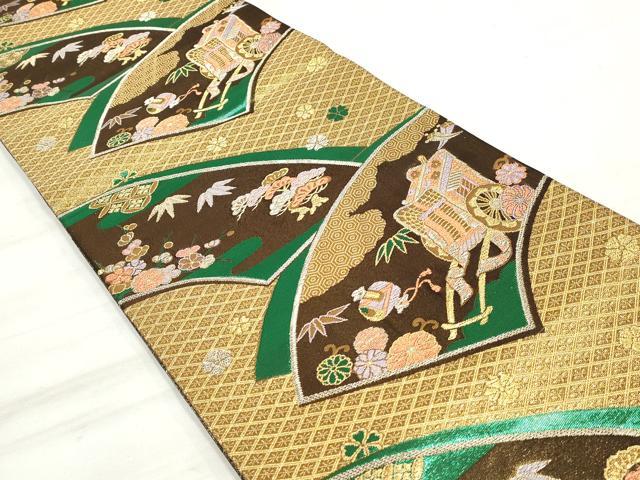 平和屋着物◎六通柄袋帯　吉祥御所車花文　黒地　金銀糸　正絹　逸品　DAAV0771qa