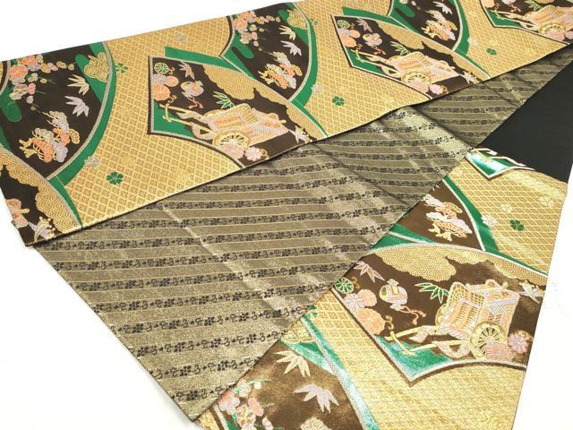 平和屋着物◎六通柄袋帯　吉祥御所車花文　黒地　金銀糸　正絹　逸品　DAAV0771qa
