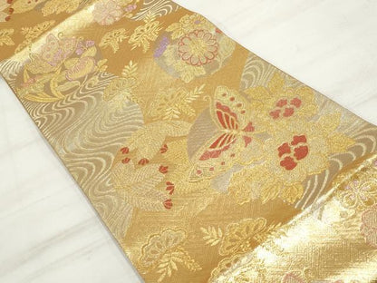 平和屋着物◎佐賀錦　六通柄袋帯　花蝶丸文　金糸　正絹　逸品　DAAV0773qa