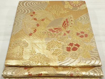 平和屋着物◎佐賀錦　六通柄袋帯　花蝶丸文　金糸　正絹　逸品　DAAV0773qa