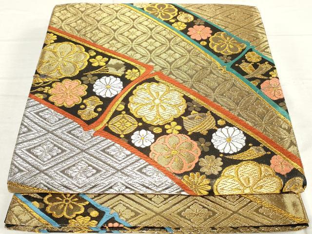 平和屋着物◎六通柄袋帯　唐織　吉祥花文　竹　黒地　金銀糸　正絹　逸品　DAAV0798qa