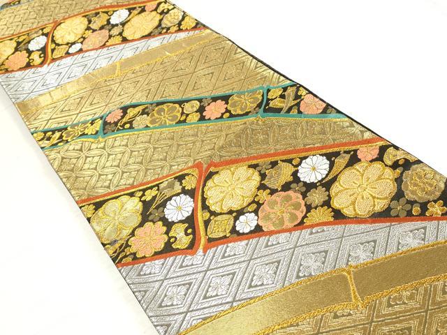平和屋着物◎六通柄袋帯　唐織　吉祥花文　竹　黒地　金銀糸　正絹　逸品　DAAV0798qa