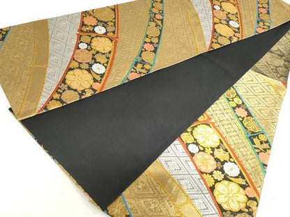 平和屋着物◎六通柄袋帯　唐織　吉祥花文　竹　黒地　金銀糸　正絹　逸品　DAAV0798qa
