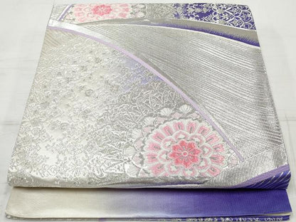 平和屋着物◎六通柄袋帯　唐織　正倉院花文　銀糸　正絹　逸品　DAAV0821qa