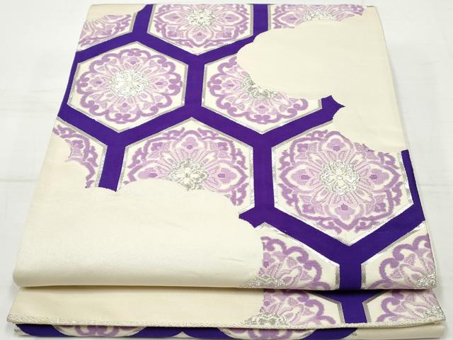 平和屋着物◎六通柄袋帯　唐織　亀甲正倉院花文　銀糸　正絹　逸品　DAAV0822qa