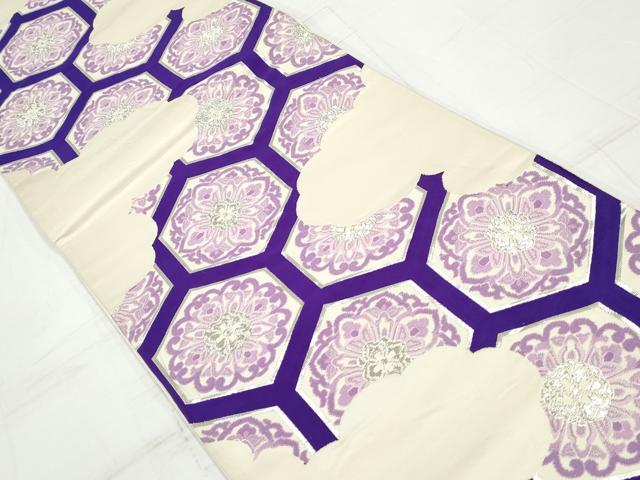 平和屋着物◎六通柄袋帯　唐織　亀甲正倉院花文　銀糸　正絹　逸品　DAAV0822qa