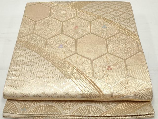平和屋着物◎六通柄袋帯 孔雀菱文 金糸 正絹 逸品 DAAV0824qa