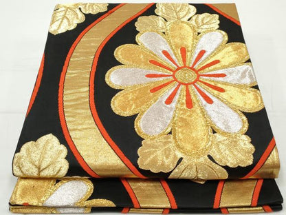 平和屋着物◎六通柄袋帯　唐織　立涌花文　黒地　金銀糸　正絹　逸品　DAAV0825qa
