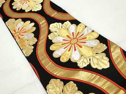 平和屋着物◎六通柄袋帯　唐織　立涌花文　黒地　金銀糸　正絹　逸品　DAAV0825qa