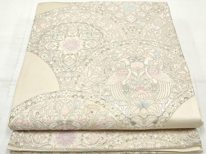 平和屋着物◎六通柄袋帯　唐織　向い鳥鳳凰花文　銀糸　正絹　逸品　DAAV0852qa