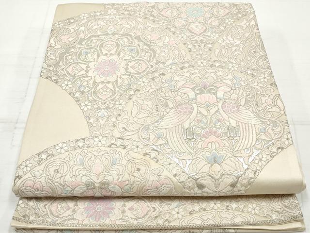 平和屋着物◎六通柄袋帯　唐織　向い鳥鳳凰花文　銀糸　正絹　逸品　DAAV0852qa