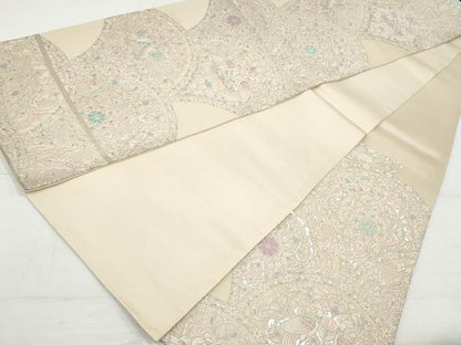 平和屋着物◎六通柄袋帯　唐織　向い鳥鳳凰花文　銀糸　正絹　逸品　DAAV0852qa