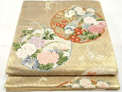平和屋着物◎六通柄袋帯 唐織 雪輪花鳥文 金糸 正絹 逸品 DAAV0854qa