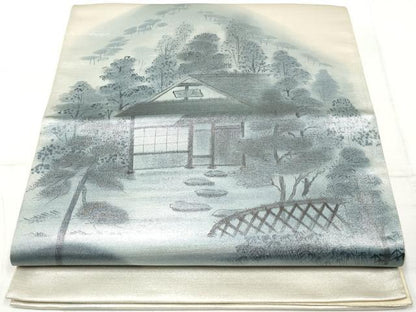 平和屋着物◎太鼓柄袋帯 風景文 銀糸 正絹 逸品 DAAV0861qa