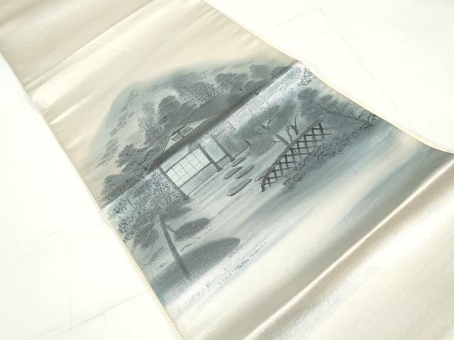 平和屋着物◎太鼓柄袋帯 風景文 銀糸 正絹 逸品 DAAV0861qa