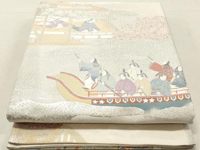 平和屋着物◎太鼓柄袋帯 人物風景文 銀糸 正絹 逸品 DAAV0887qa