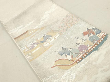 平和屋着物◎太鼓柄袋帯 人物風景文 銀糸 正絹 逸品 DAAV0887qa