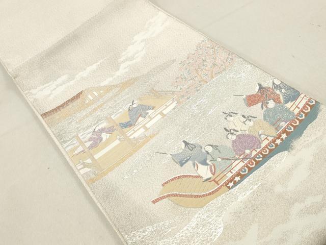 平和屋着物◎太鼓柄袋帯 人物風景文 銀糸 正絹 逸品 DAAV0887qa