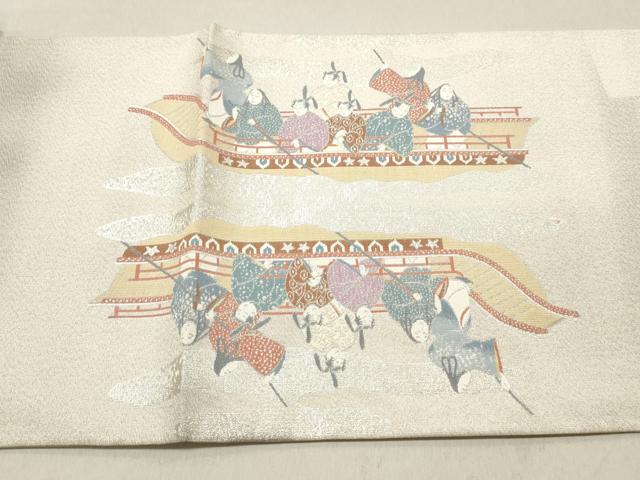平和屋着物◎太鼓柄袋帯 人物風景文 銀糸 正絹 逸品 DAAV0887qa