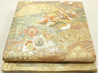 平和屋着物◎六通柄袋帯 唐織 地紙花鳥文 鶴 正絹 逸品 DAAV0924qa