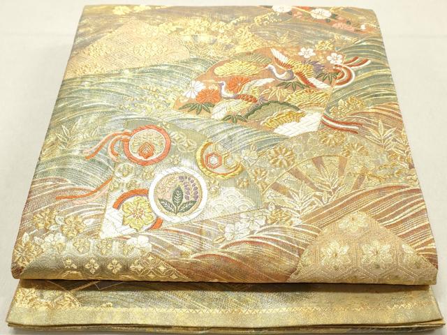 平和屋着物◎六通柄袋帯 唐織 地紙花鳥文 鶴 正絹 逸品 DAAV0924qa