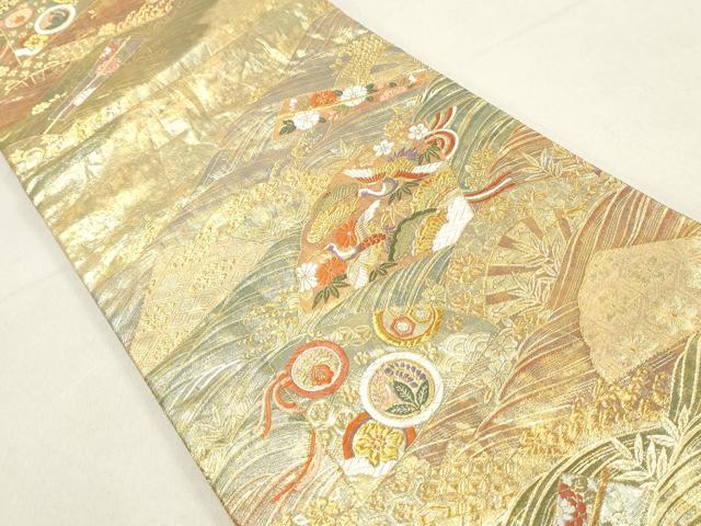 平和屋着物◎六通柄袋帯 唐織 地紙花鳥文 鶴 正絹 逸品 DAAV0924qa