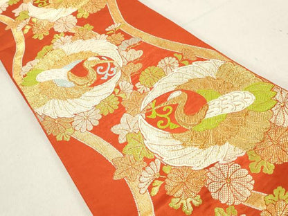 平和屋着物◎六通柄袋帯　唐織　花鳥文　鶴　金糸　正絹　逸品　DAAV0980qa