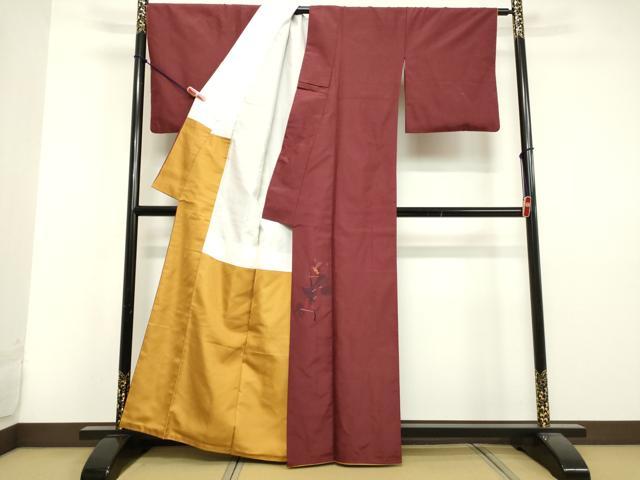 平和屋着物●色留訪問着 紬地 草花文 成り物 バーガンディー色 金糸 正絹 逸品 DAAV1088tw