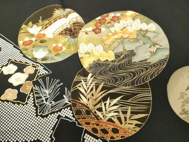 平和屋着物●豪華黒留袖　駒刺繍　風景丸文　金彩　ロング丈　正絹　逸品　DAAV1132tw