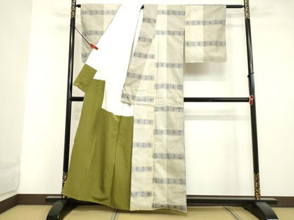 平和屋着物●上質な紬 横段麻の葉文様 正絹 逸品 DAAV1144tw