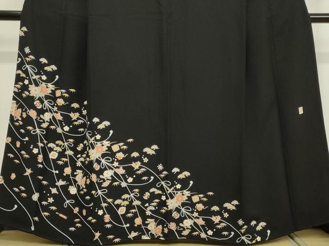平和屋着物●訪問着　作家物　宝尽くし草花文　黒地　金彩　正絹　逸品　DAAV1189tw