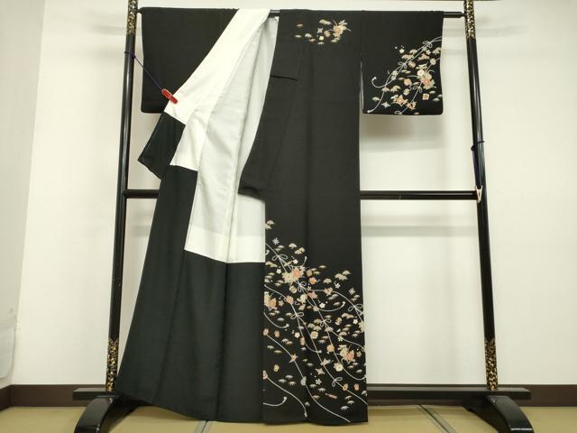 平和屋着物●訪問着　作家物　宝尽くし草花文　黒地　金彩　正絹　逸品　DAAV1189tw