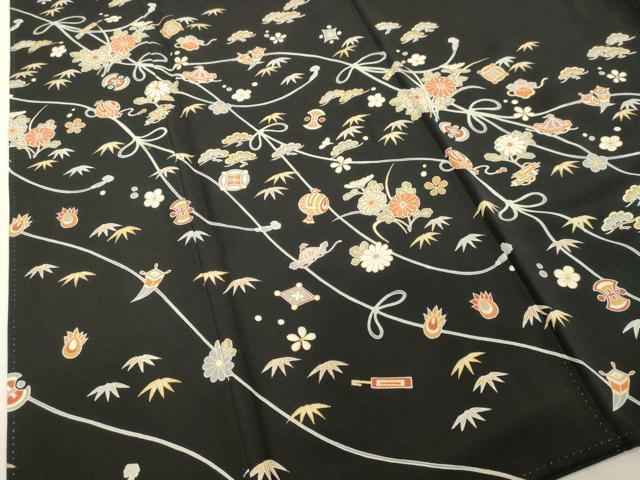 平和屋着物●訪問着　作家物　宝尽くし草花文　黒地　金彩　正絹　逸品　DAAV1189tw