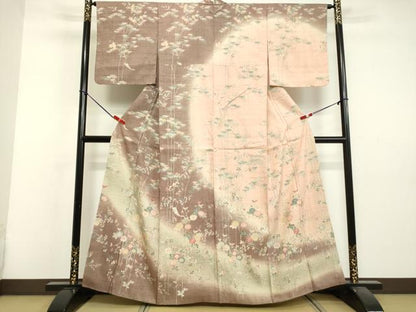 平和屋着物●訪問着　生紬　笹竹草花文　正絹　逸品　DAAV1242tw